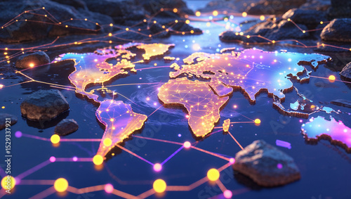 Illuminated world map depicting global network connectivity and data transfer communication