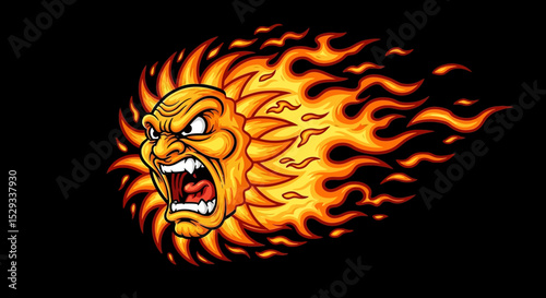 Angry Sun Face with Fiery Flames Design