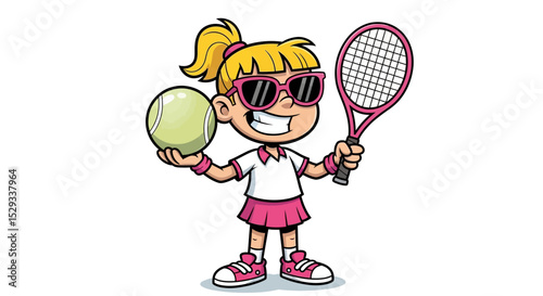 Cartoon girl holding tennis ball and racket, wearing sunglasses