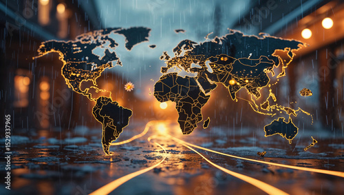Illuminated world map displaying global connectivity and technological advancements during a storm