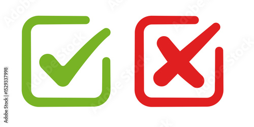 Green check mark and red cross in square. Vector illustration