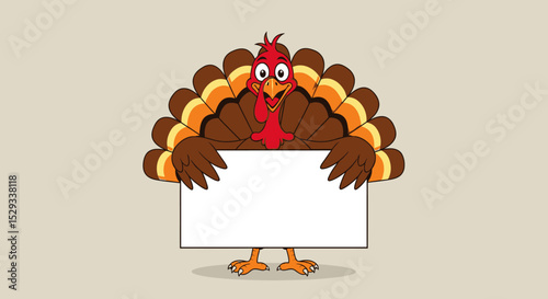 Cartoon Turkey Holding a Blank Sign for Thanksgiving or Advertising