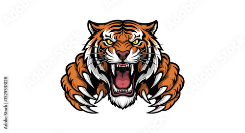 Cartoon Tiger Roaring with Claws Out, Front View
