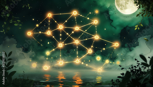Luminous constellation illuminated over peaceful waters reflecting moonlight in a dreamy landscape