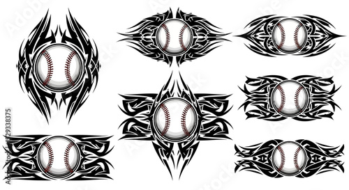 Baseball Designs with Tribal Art Embellishments and Decorative Elements