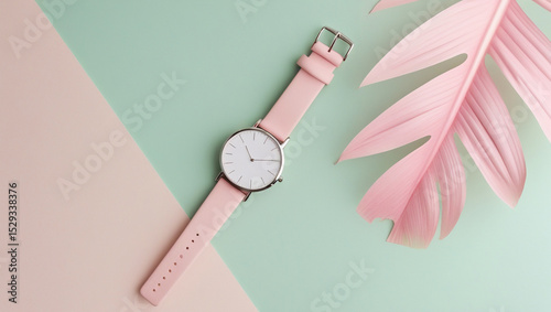 Minimalist wristwatch with a pink leather strap and tropical leaves on a pastel color background