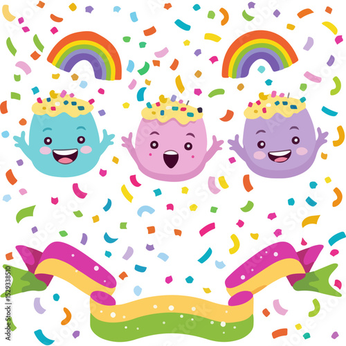Cute Celebration Characters With Rainbow and Confetti Background