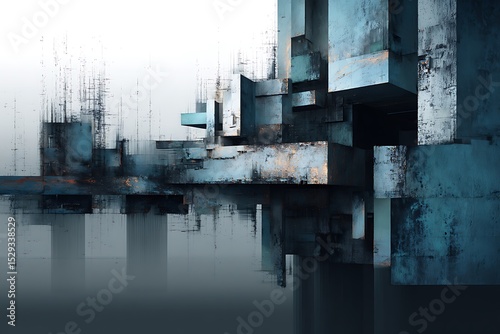 Abstract architectural structure with dark blue and gray colors evoke a dystopian cityscape dream.