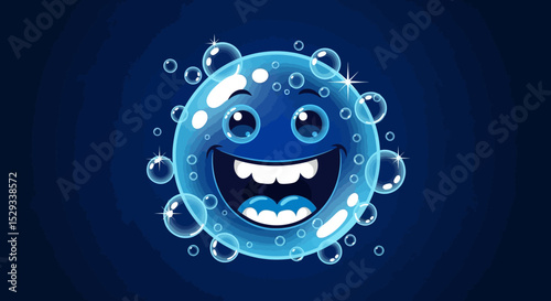 Cheerful Blue Bubble Character with Sparkling Bubbles Around It