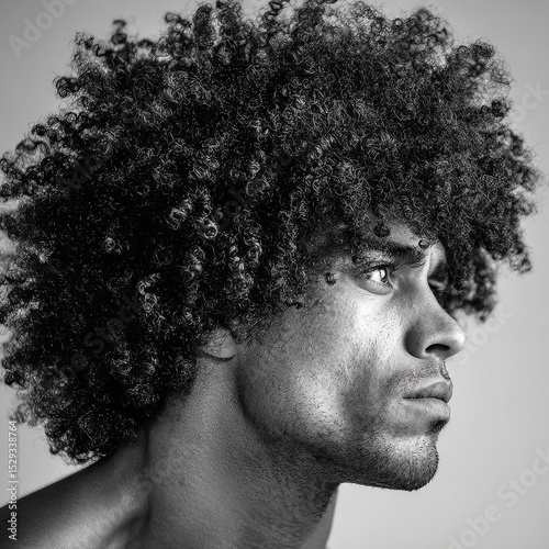 Black and white portrait of man with afro hair looking up in profile studio shot for hair style guide