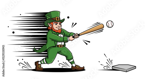 Leprechaun Baseball Player Swinging Bat at Ball