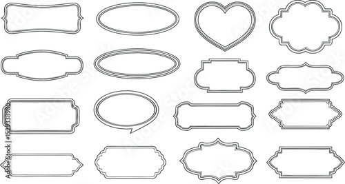 Set of decorative empty frames in various shapes for labels and invitations in black outline