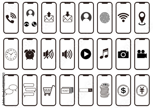 Various icons displayed on smartphone screens Black