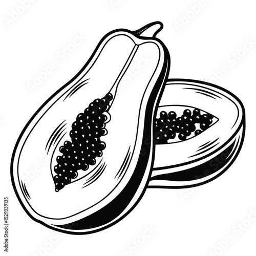 Monochrome papaya halves display juicy seeds and intricate rind details in a simple outline