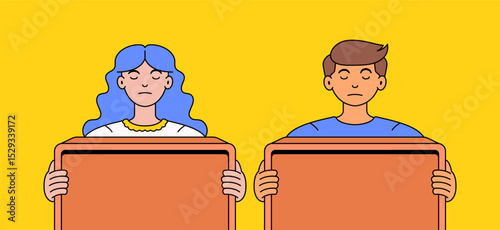 A boy and a girl stand side by side holding blank boards with calm expressions, on a vibrant yellow background in  cartoon style vector hand drawn illustration