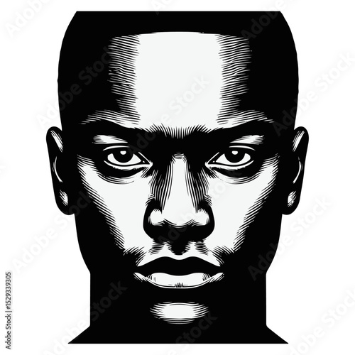 A serious black vector illustration of a human face with intense eyes.