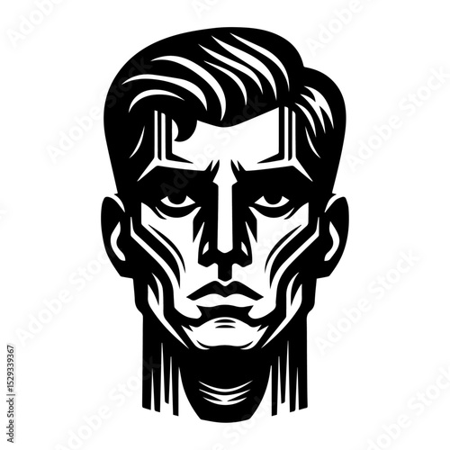 A stylized black vector image of a human face with exaggerated cheekbones.