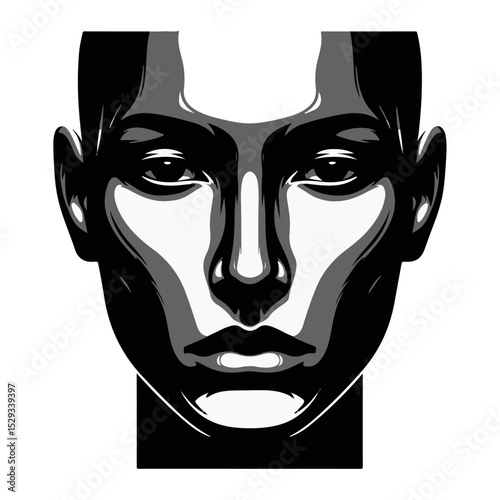 A close-up black vector image of a human face with a neutral expression.