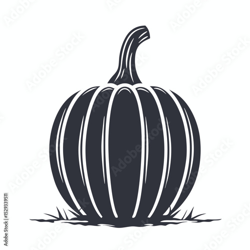 Monochrome pumpkin displays sharp lines and curves with detailed stem and ground shading