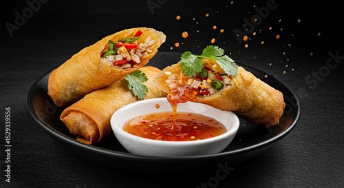Crispy fried spring rolls with a flavorful filling, dipping in a sweet chili sauce with a dynamic splash