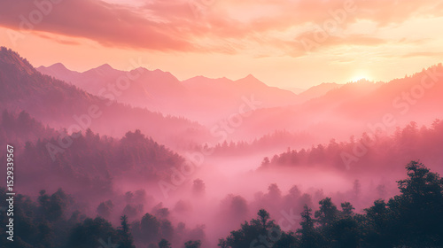 Mountain landscape at sunset shrouded in mist