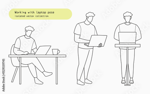 Man working with computer pose vector collection set. Vector doodle hand drawn of person working with computer sitting and standing. Simple and modern outline style 