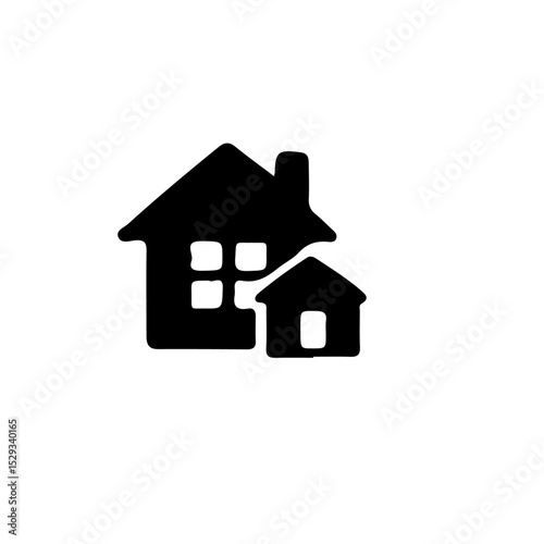A simple black and white icon depicting two houses of different sizes with windows and a chimney design