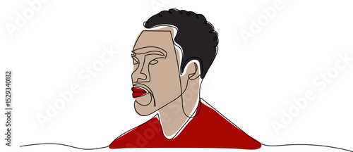 Continuous line drawing of an African American man on a white background. Abstract line drawing of a profile with bold colors and distinctive features