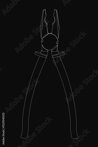 A pair of pliers is shown in black and white. The image is a stylized drawing of the pliers, with the focus on the tool's shape and form. The black and white color scheme adds a sense of simplicity