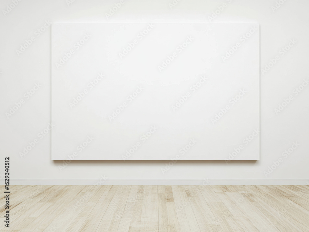 Big white blank canvas hangs on the wall above a light wooden floor, presenting an empty space for creative works or designs for interior decoration. Big white blank canvas hangs on the wall above a light wooden floor, presenting an empty space for creative works or designs for interior decoration.