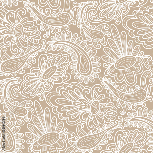 Paisley floral pattern, beige and white colors. Seamless floral pattern-741.
