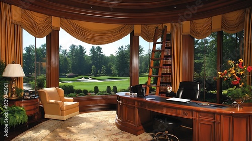 Luxurious executive office with golf course view for high achievers to reflect upon