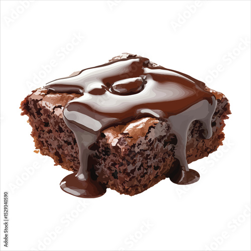 Delicious homemade chocolate brownie with melted chocolate sauce isolated on white background