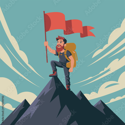 Cartoon Hiker Reaching the Summit with Red Flag Celebrating Victory and Achievement in Mountain Landscape Against Cloudy Sky Background