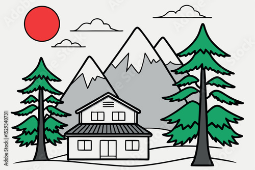 Cabin in the mountains scene with pine trees and a sun vector illustration