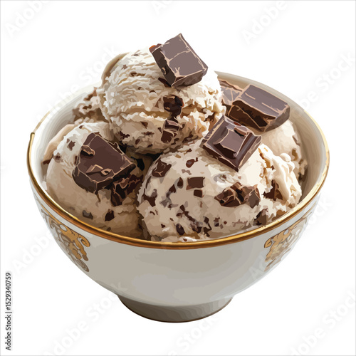 Delicious chocolate chip ice cream sundae in bowl isolated on white background