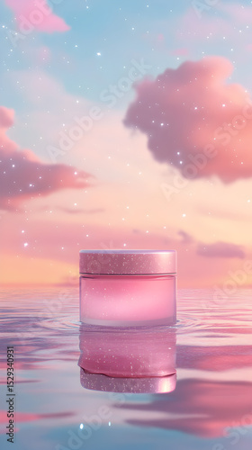 Pink container on water with pastel clouds
