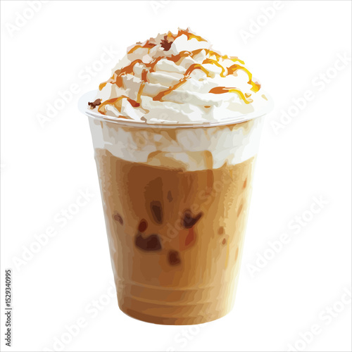 Delicious iced coffee with whipped cream and caramel drizzle isolated on white background