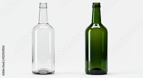 Two glass bottles standing side by side isolated on white background