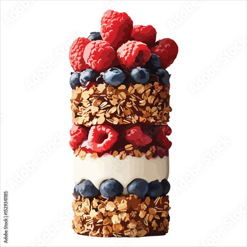 Layered breakfast parfait with granola yogurt and berries isolated on white background