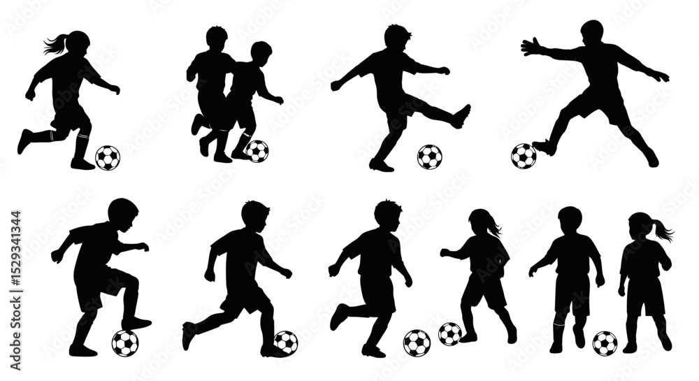 Silhouetted Children Playing Soccer with Footballs in Action Silhouetted Children Playing Soccer with Footballs in Action
