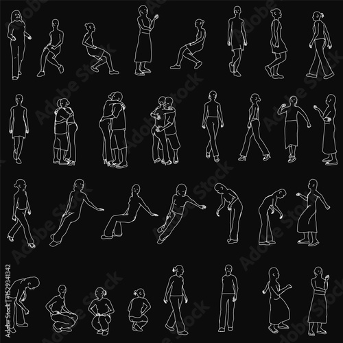 A series of black and white drawings of people in various poses. The drawings are of people in different positions, such as sitting, standing, and bending over. Scene is one of movement and action