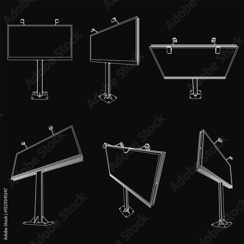A series of black and white drawings of billboards. The billboards are all different sizes and shapes, but they all have the same basic design. The mood of the images is somewhat somber and serious