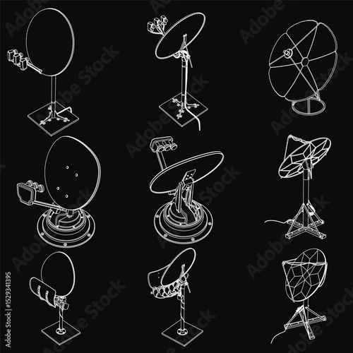 A collection of black and white drawings of various satellite dishes. The drawings are stylized and abstract, with some featuring a more modern look and others with a more traditional appearance