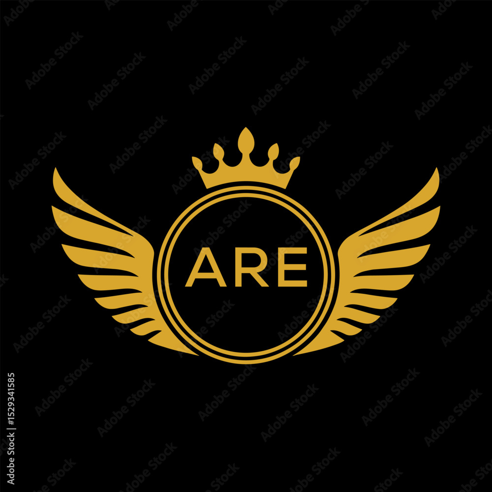Naklejka premium ARE Royal Golden Wing Logo with Crown and Initials - Premium Brand Identity Design on Black Background. ARE Letter Logo. 