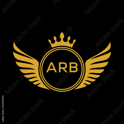 ARB Royal Golden Wing Logo with Crown and Initials - Premium Brand Identity Design on Black Background. ARB Letter Logo.
