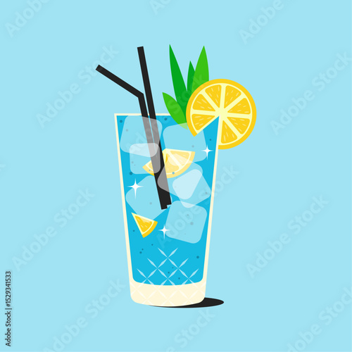 Blue lagoon cocktail in highball glass with ice cubes, lemons. Vector illustration.