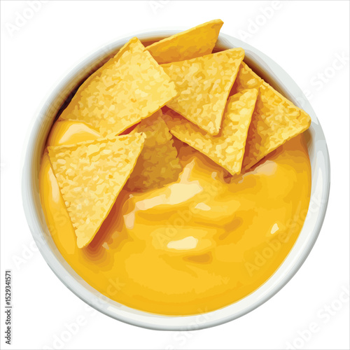 Overhead shot of nachos with cheese dip in bowl isolated on white background