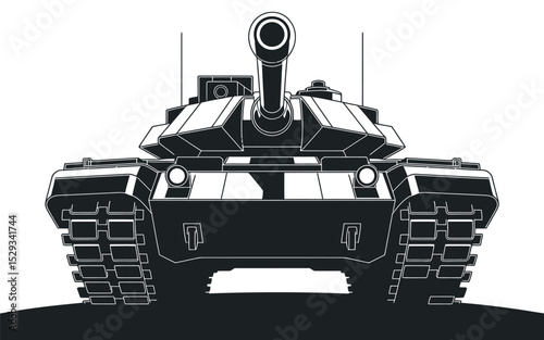 Monochrome Front View Illustration of a Heavy Battle Tank with a Powerful Gun and Protective Armor Plating Design