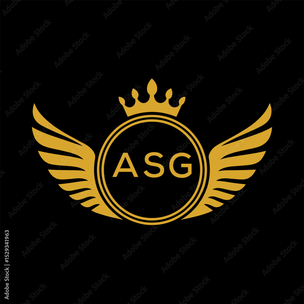 Naklejka premium ASG Royal Golden Wing Logo with Crown and Initials - Premium Brand Identity Design on Black Background. ASG Letter Logo. 